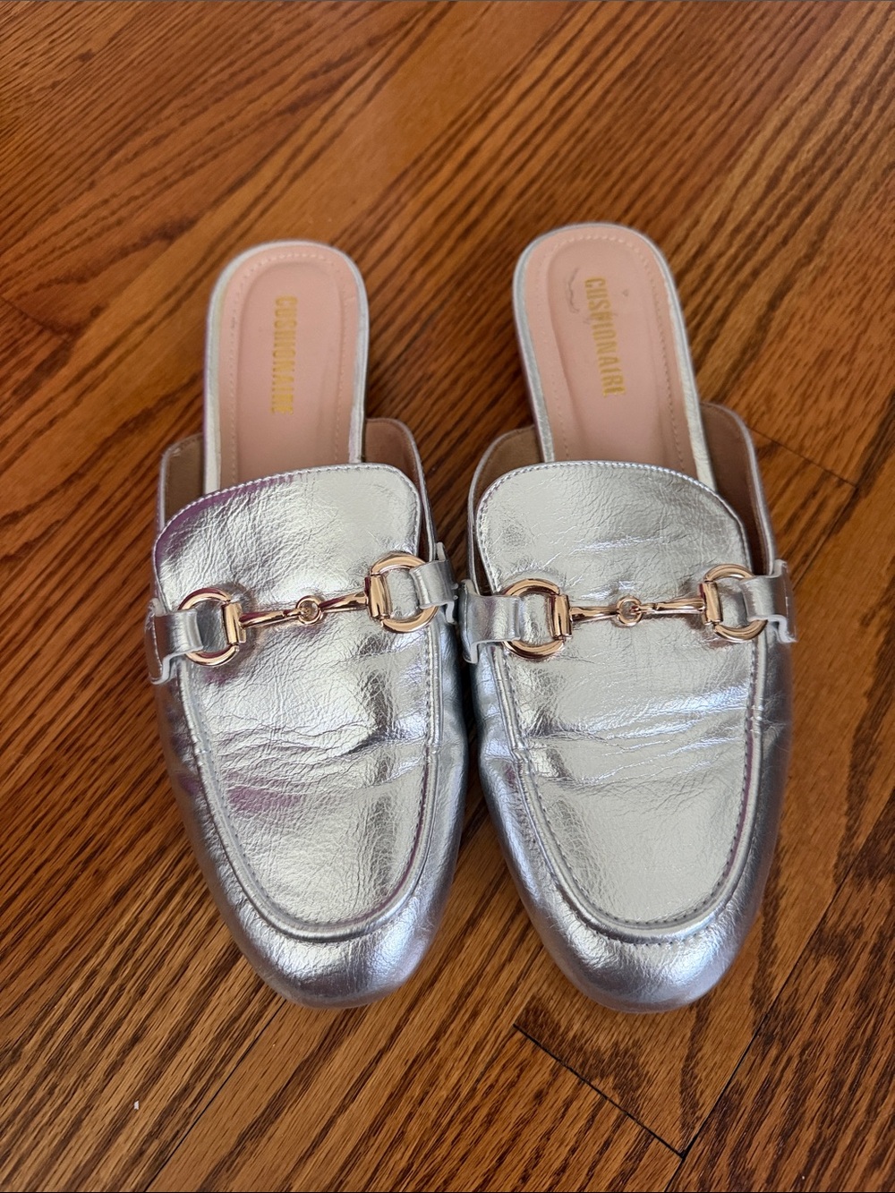 Metallic Silver Slip-On Mule Loafers with Gold Bit